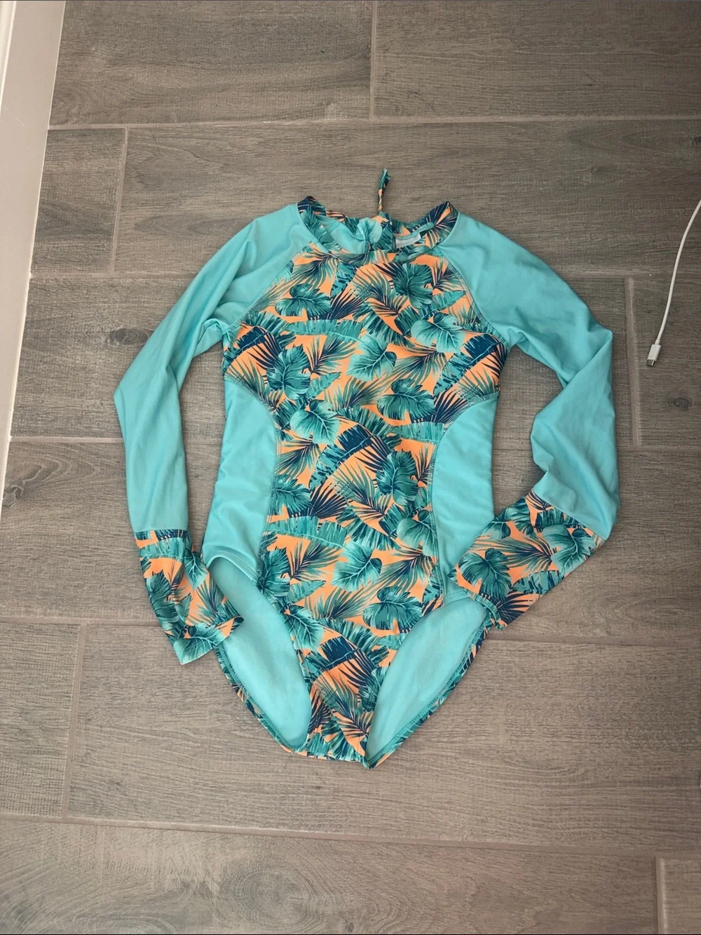 Long-Sleeve Kids Tropical One-Piece Swimsuit - Aqua/Peach. Sz. 14/16